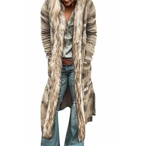Women's Small Brown Faux Fur Trim Long Sleeve Pocketed Parka Cardigan